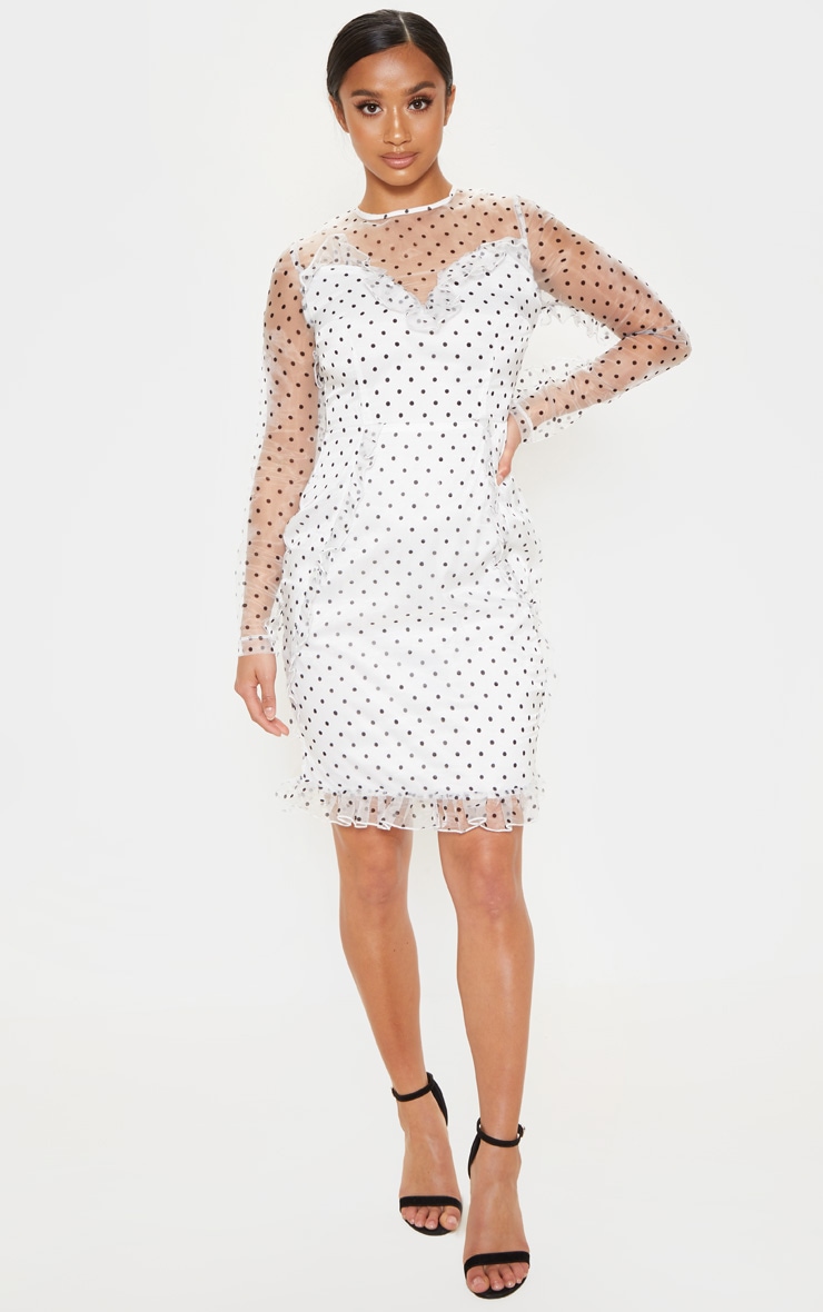 Petite White Dobby Mesh Frill Detail Long Sleeve Dress image 4