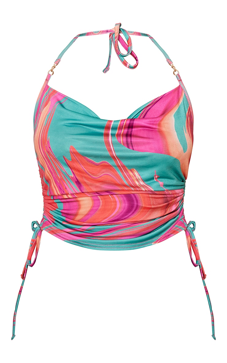 Pink Slinky Ruched Side Chain Halter Crop Top | Tops
