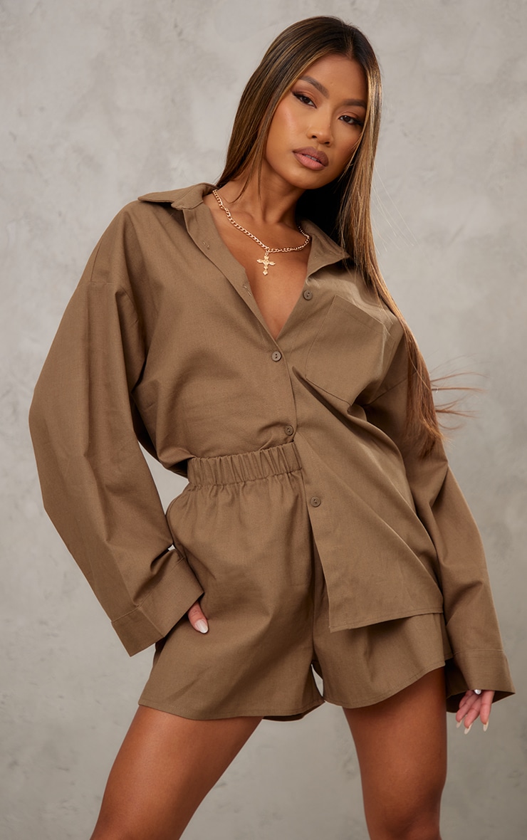 Khaki Woven Balloon Sleeve Oversized Shirt image 3