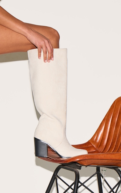 Cream Faux Suede Square Toe High Block Heel Knee High Boots