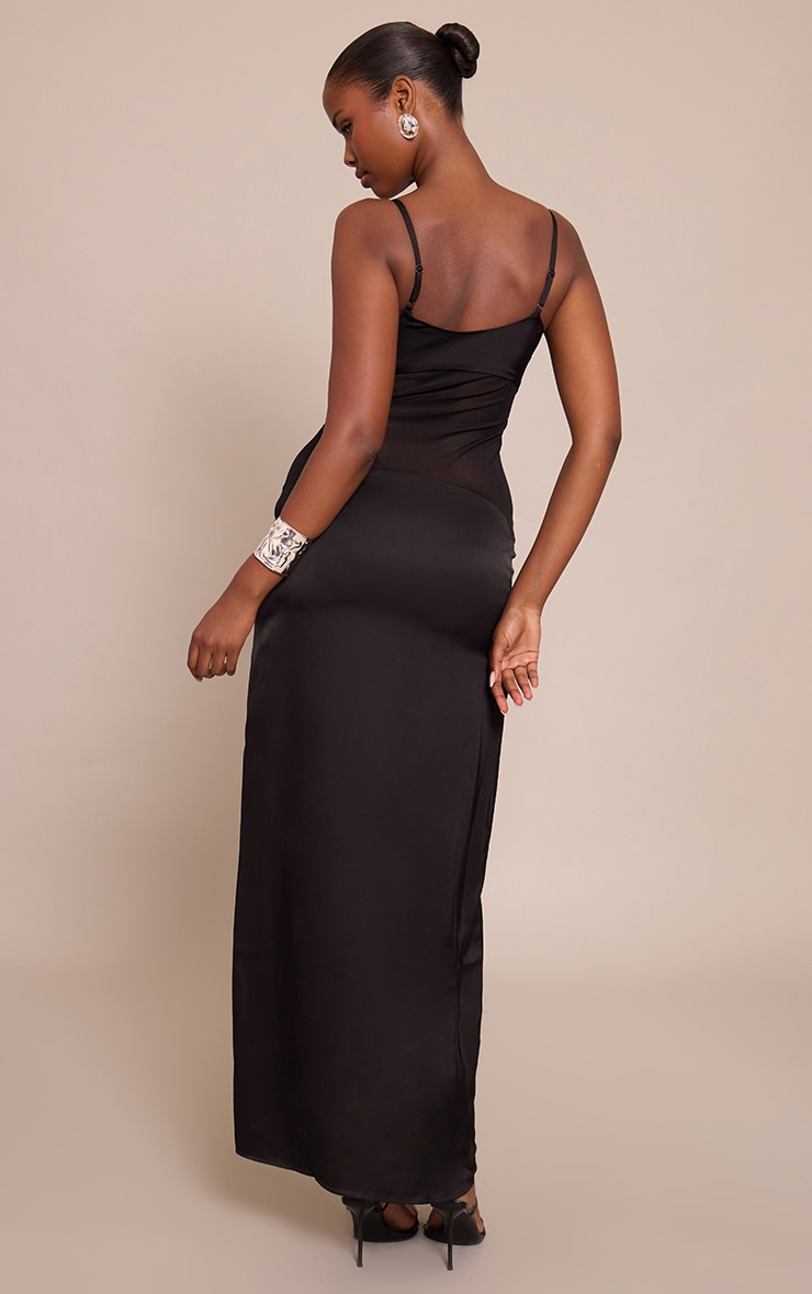 Black Satin Scoop Neck Mesh Detail Maxi Dress image 2