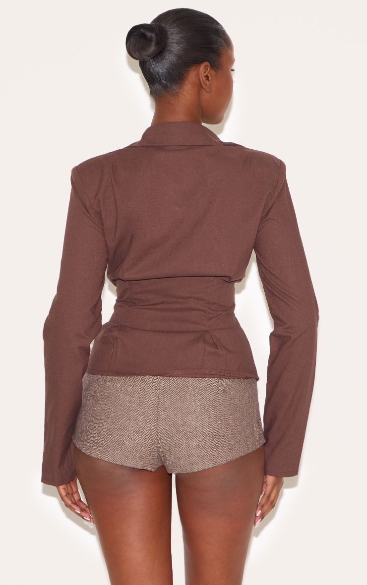 Brown Linen Blend Plunge Shoulder Padded Fitted Shirt image 2