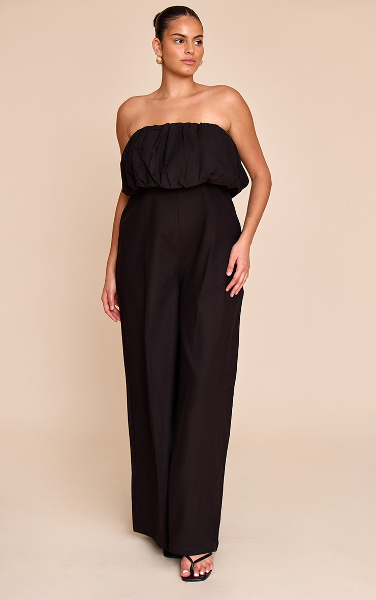 Plus Black Textured Puffball Bandeau Straight Leg Jumpsuit image 1