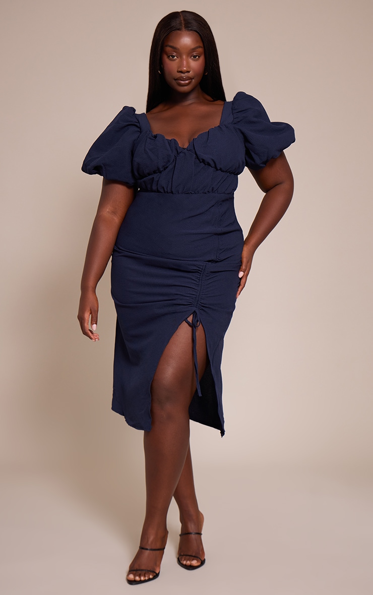 Plus Navy Puff Sleeve Ruched Split Side Midi Dress