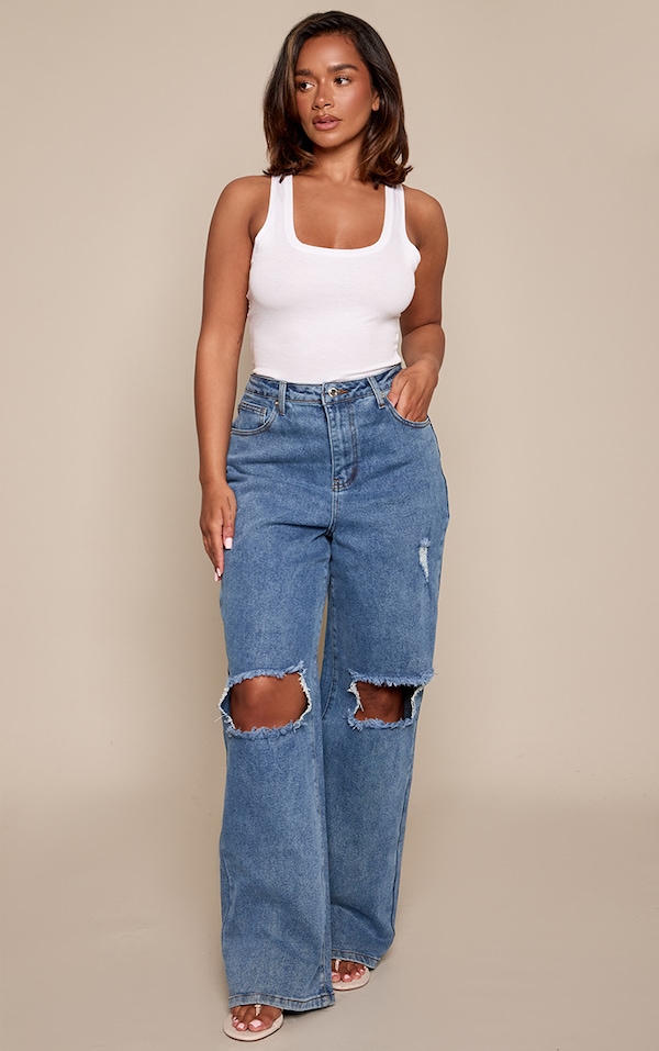 Shape Vintage Mid Wash Stretch Denim Ripped Knee Wide Leg Jeans