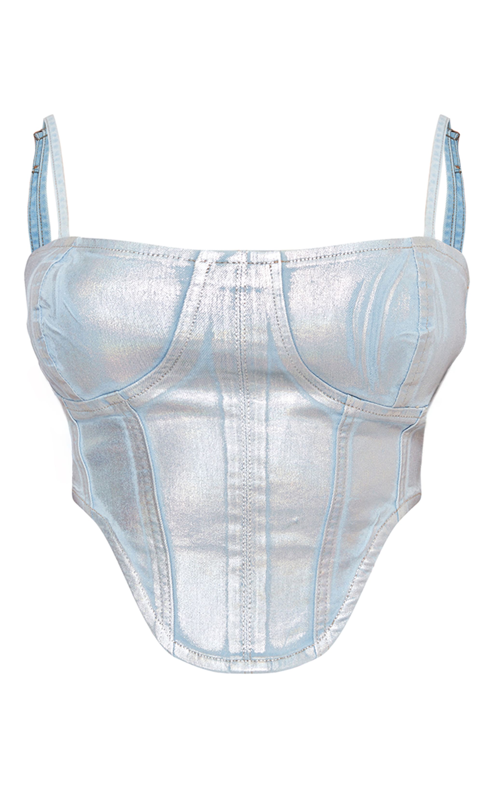 Silver Metallic Coated Denim Corset Top image 5