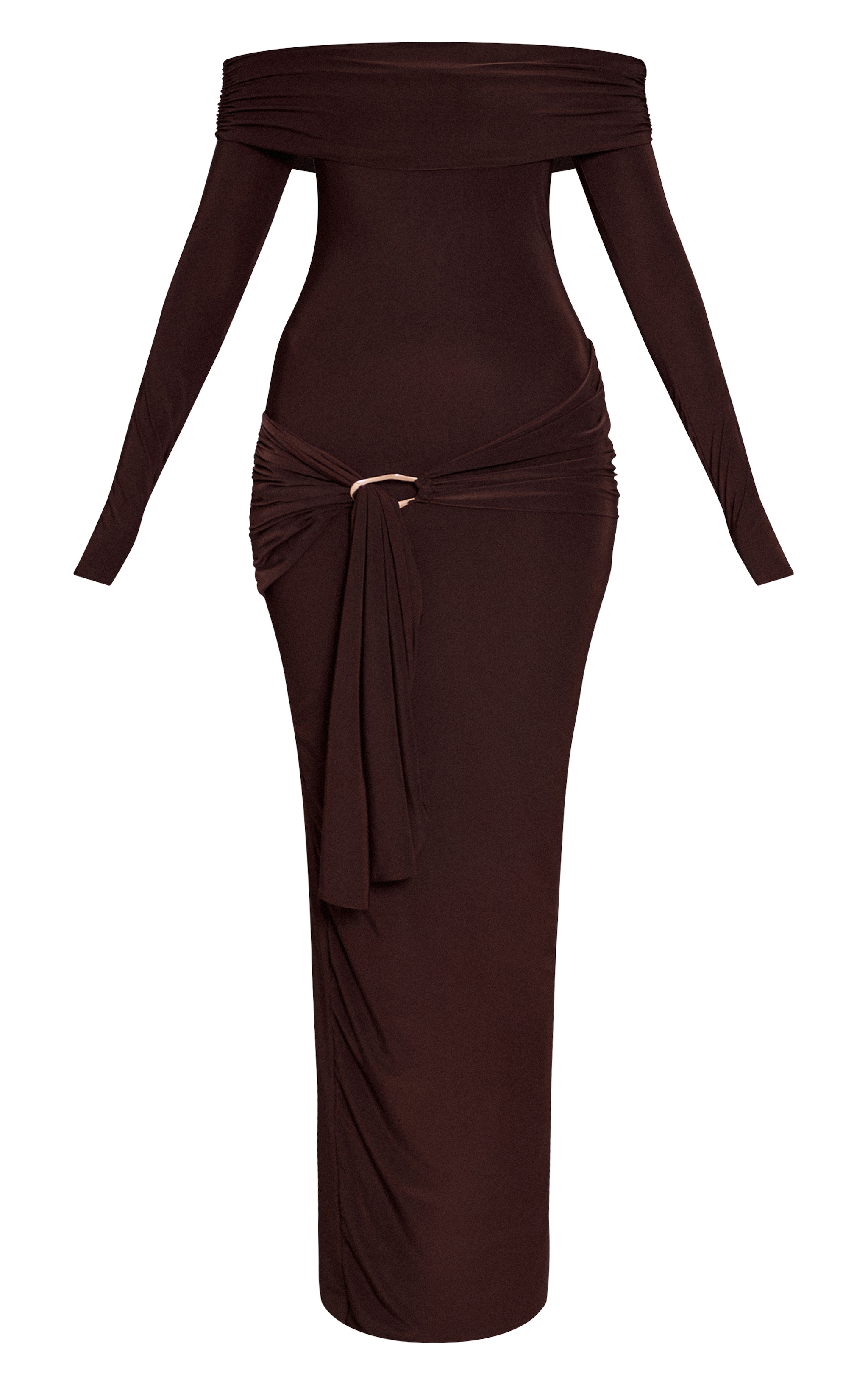 Chocolate Slinky Off The Shoulder Wrap Maxi Dress image 5