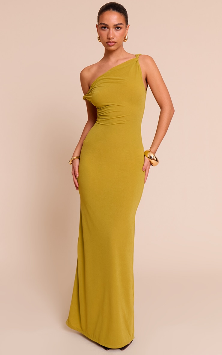 Robe longue asymétrique en mousseline de soie doublée vert olive image 1