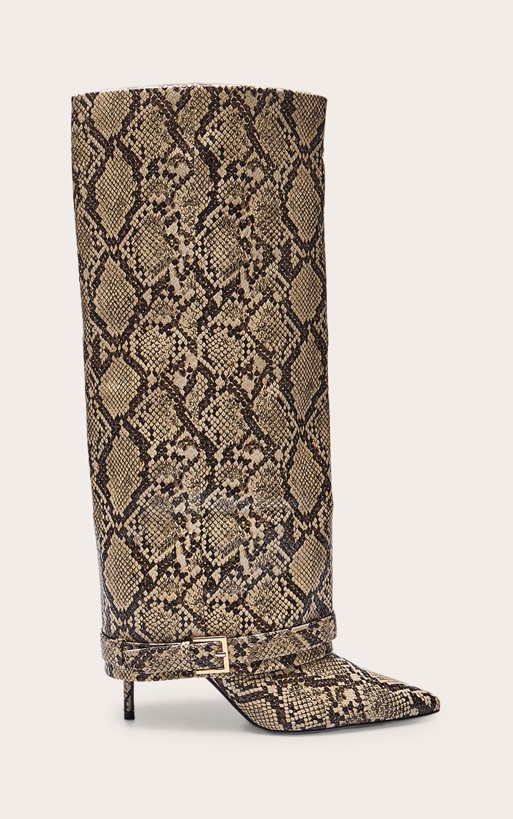 Snake Fold Over Buckle Detail Knee High Heeled Boot image 2