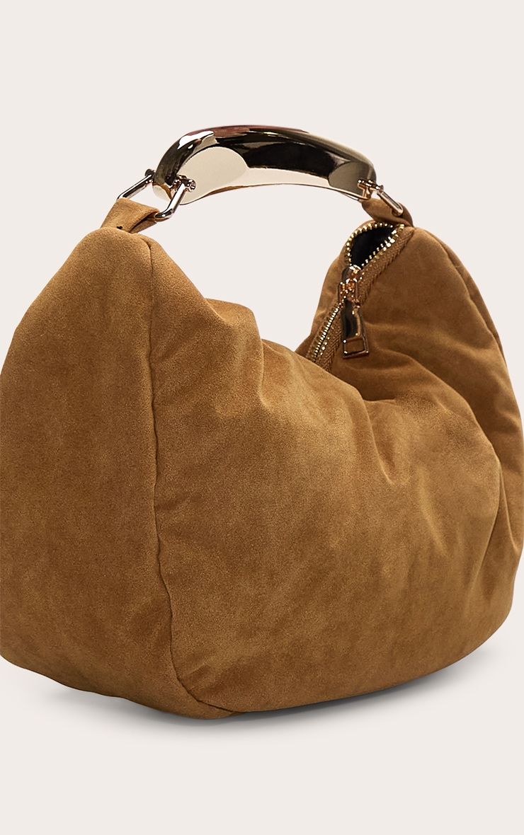 Tan Faux Suede Gold Abstract Handle Hand Bag image 2