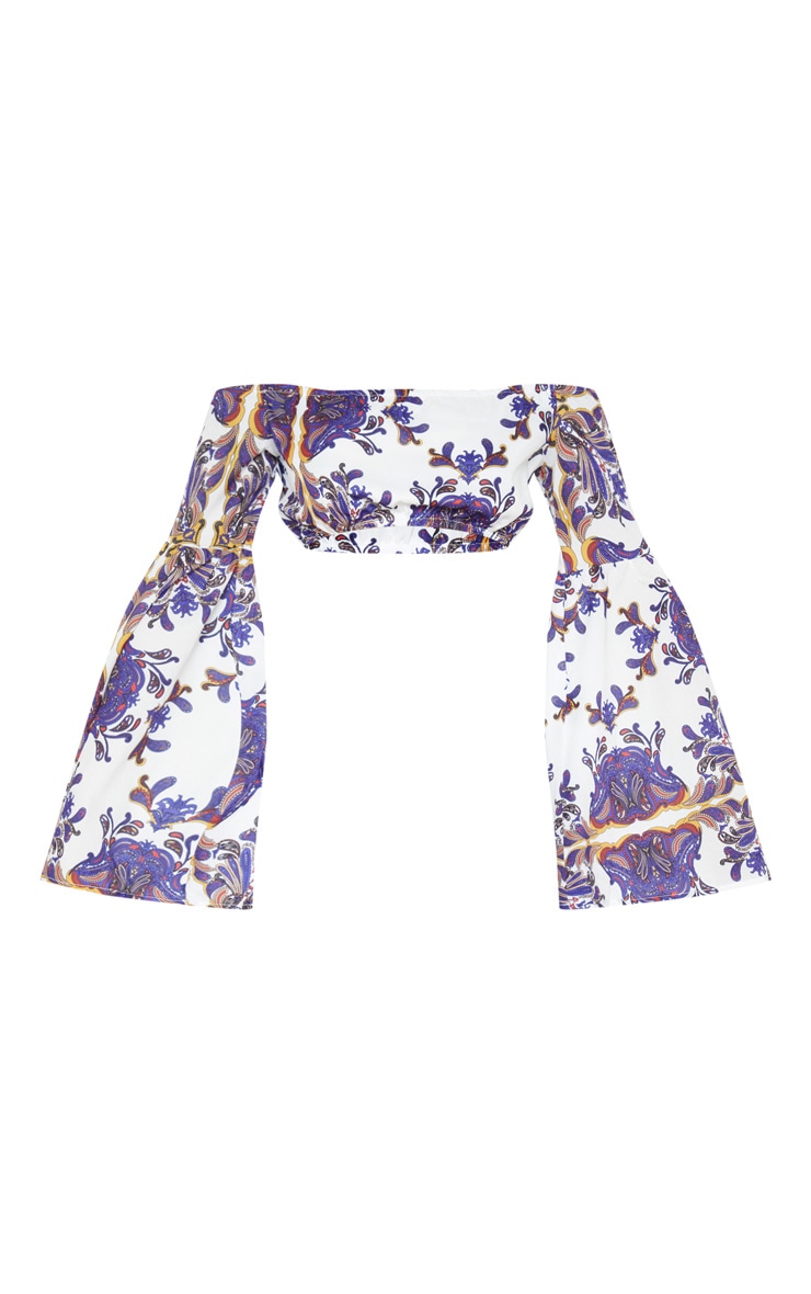 Navy Paisley Printed Chiffon Bardot Long Sleeve Crop Top image 3