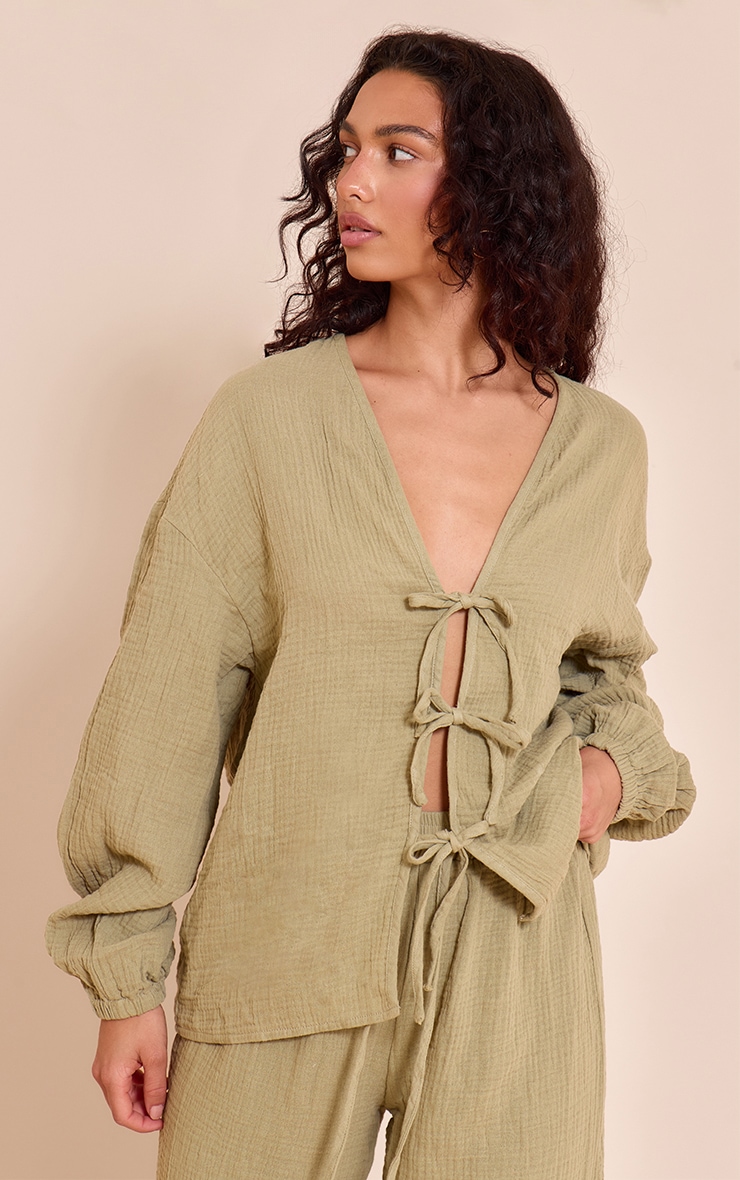 Khaki Cheesecloth Textured Tie Front Shirt image 1