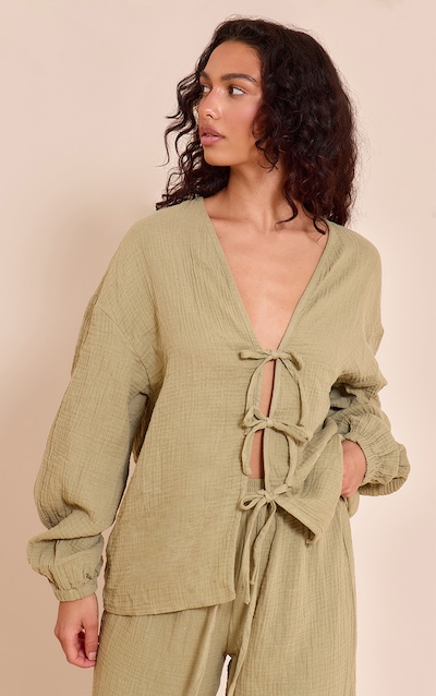 Khaki Cheesecloth Textured Tie Front Shirt