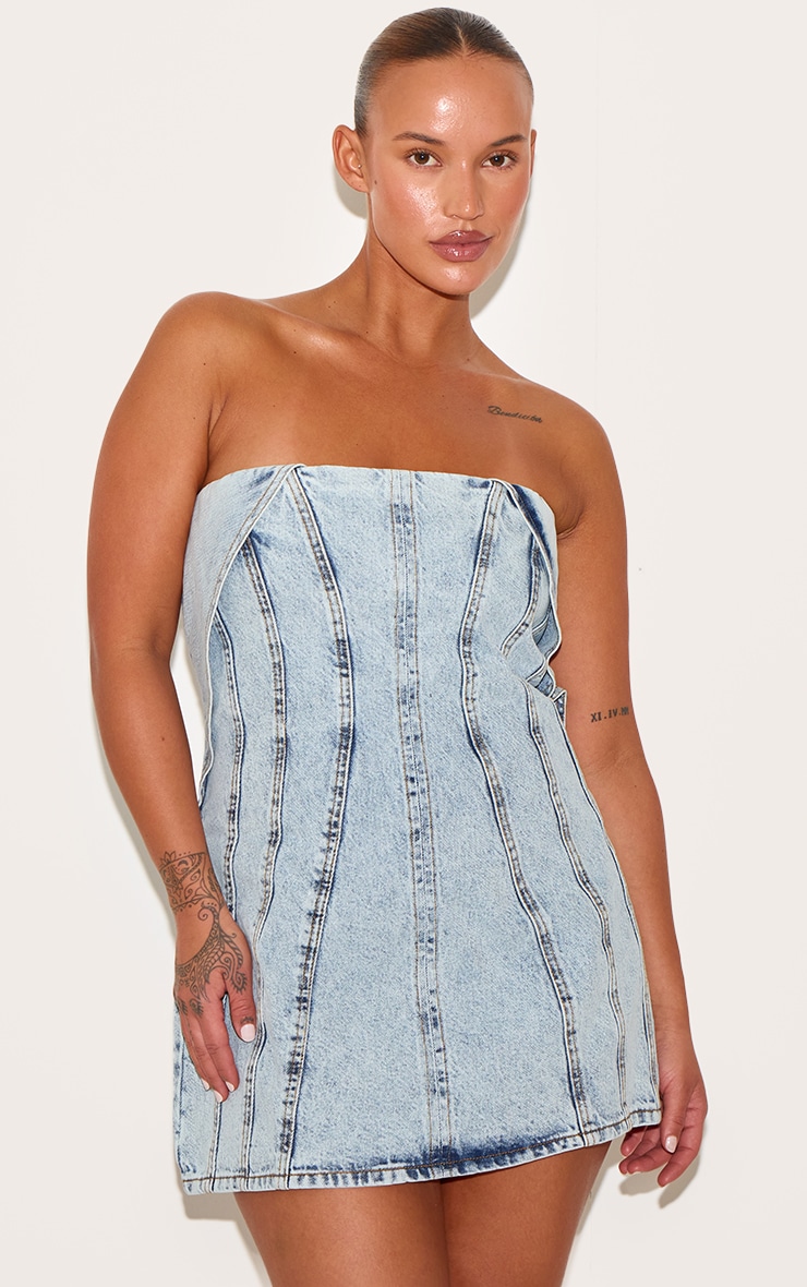 Plus Light Blue Seam Fold Over Bust Denim Dress Plus Size PLT QA