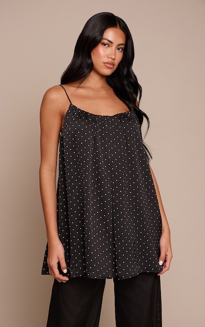 Black Polka Dot Satin Strappy Flowy Longline Cami Top