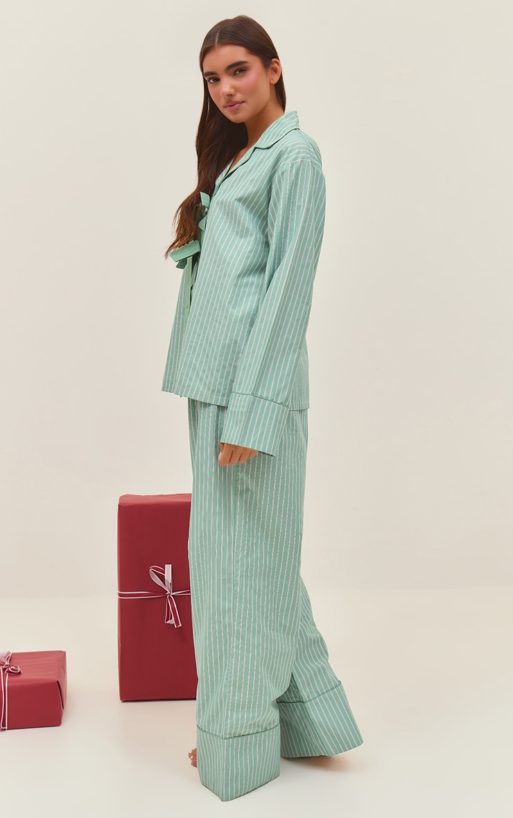 Green Stripe Detail Long Pyjama Set image 2