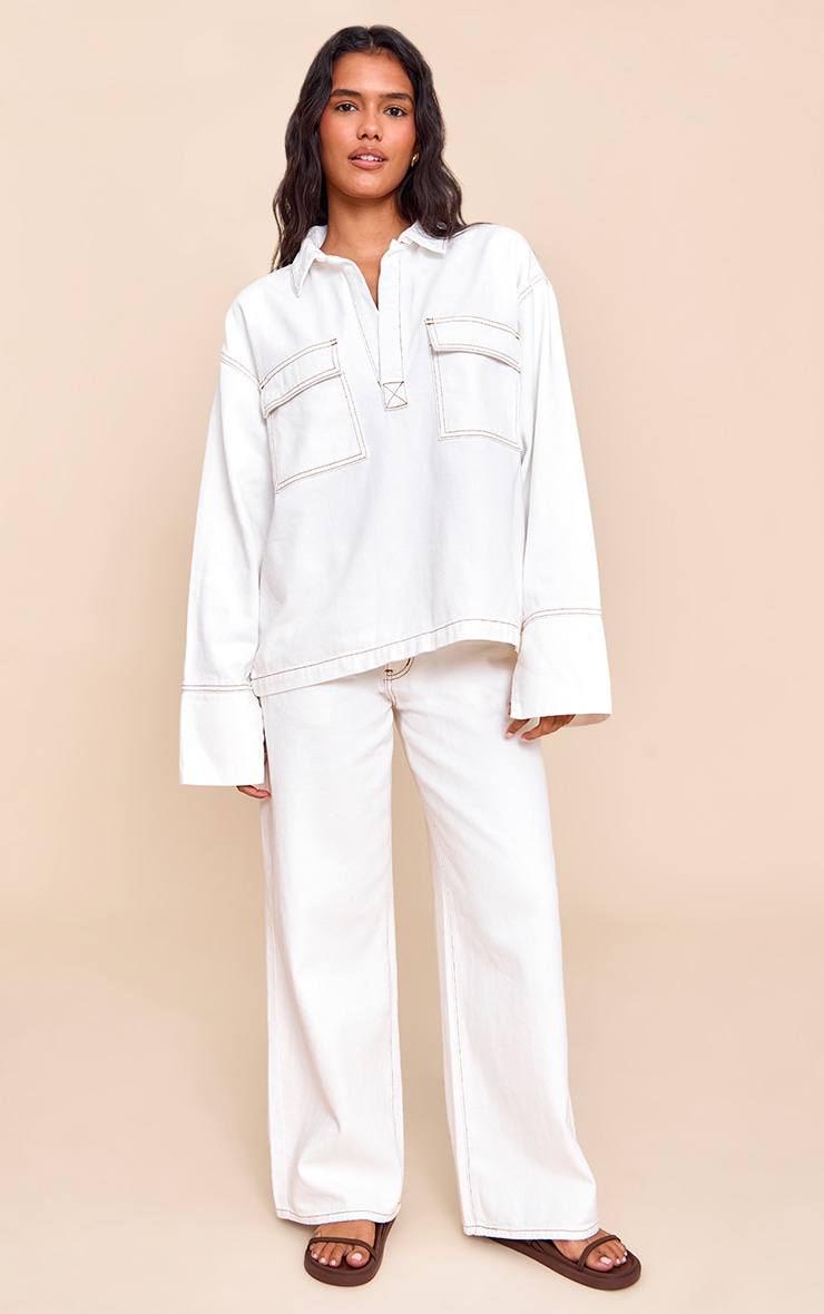White Pocket Detail Oversized Denim Shirt image 3