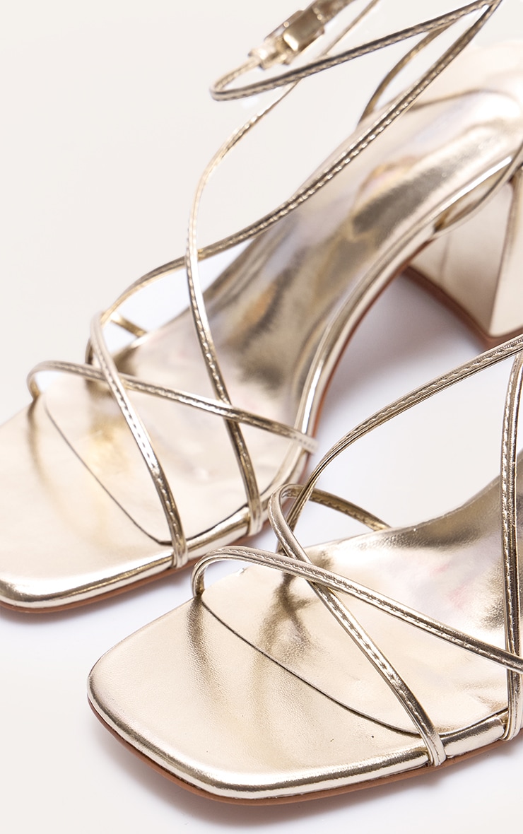 Gold PU Round Toe Strappy Mid Block Heel Sandals image 4