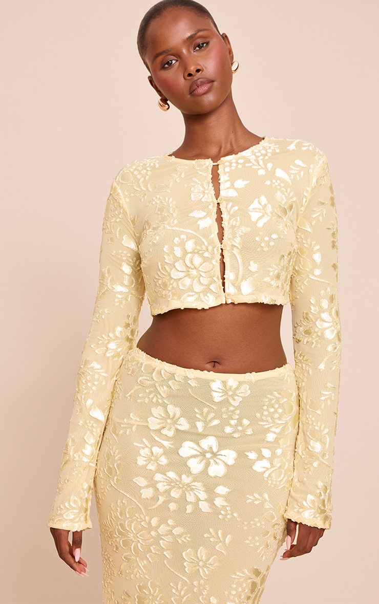 Butter Yellow Floral Sheer Button Cropped Top image 1