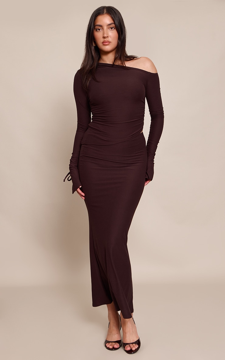 Dark Brown Soft Touch Asymmetric Panel Maxi Skirt image 1