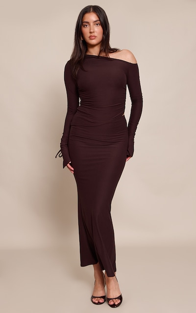 Dark Brown Soft Touch Asymmetric Panel Maxi Skirt