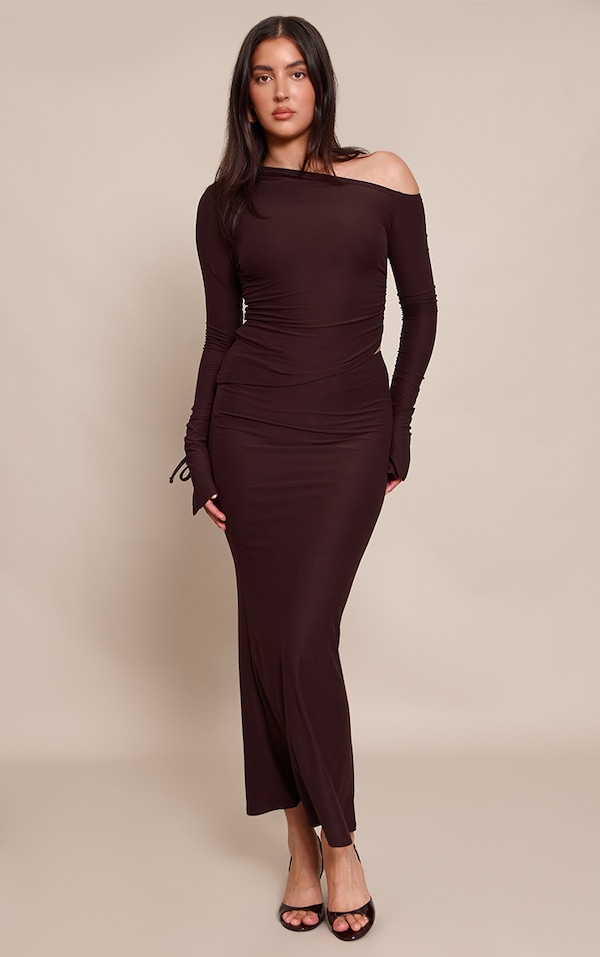 Dark Brown Soft Touch Asymmetric Panel Maxi Skirt