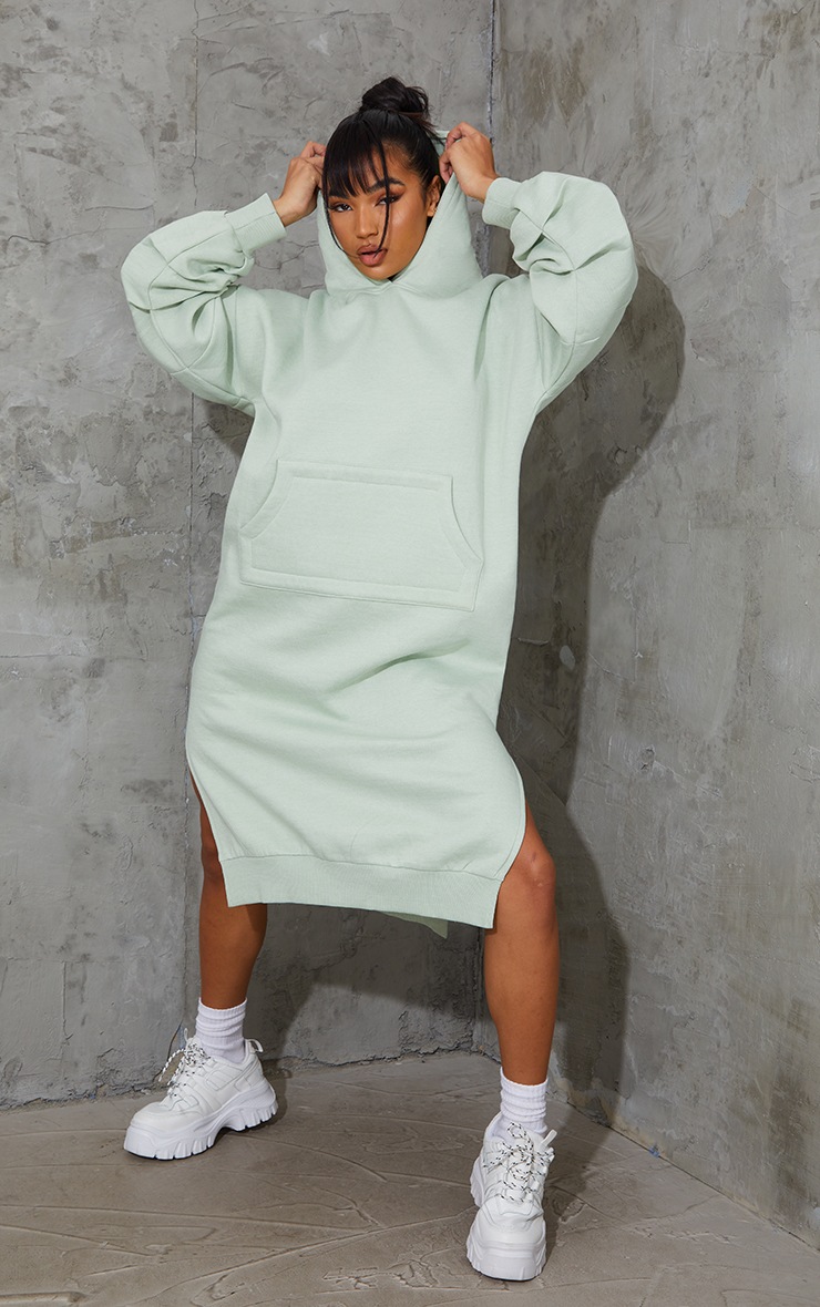 Sage Green Oversized Hooded Split Side Midi Dress