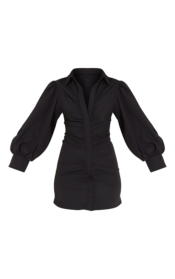 Black Woven Ruched Puff Sleeve Shirt Dress image 5