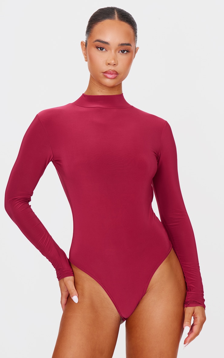 Burgundy Slinky High Neck Backless Bodysuit image 2