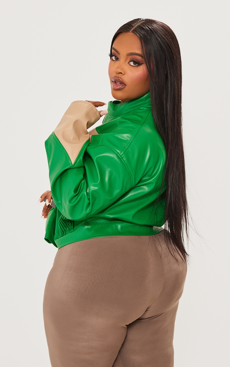 Plus Green Pu Racer Neck Pleated Detail Jacket image 2