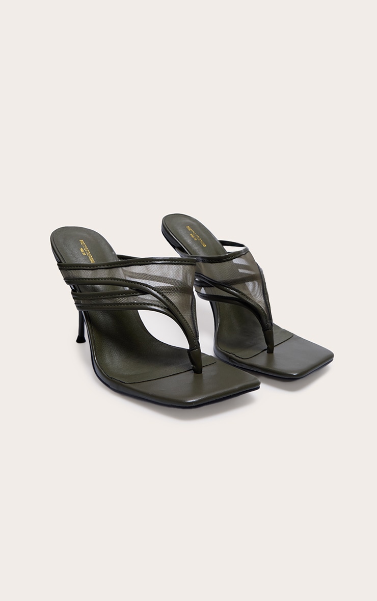 Wide Fit Olive Square Toe Double Mesh Thong Stiletto Heeled Mules image 2
