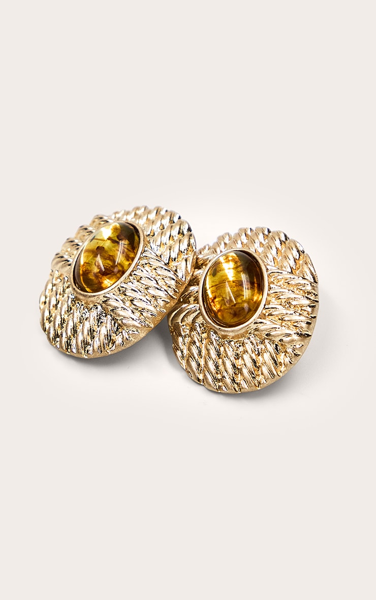 Worn Gold Weave Brown Resin Large Stud Earrings image 3