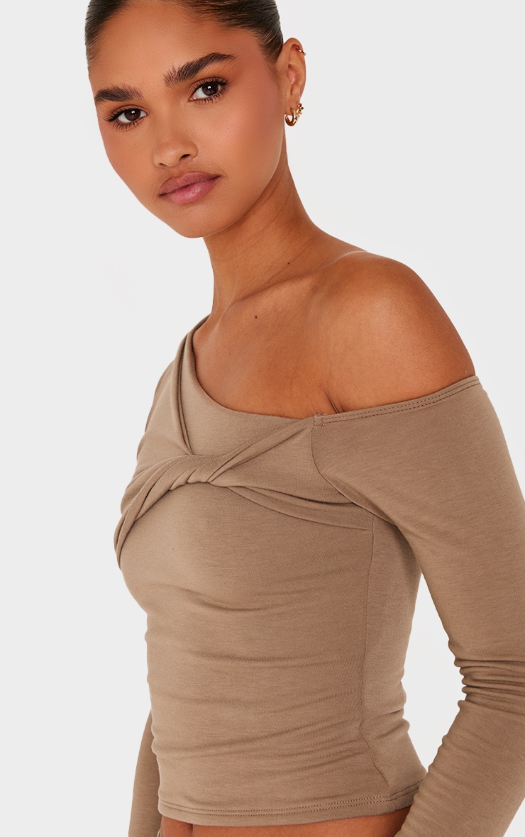 Taupe Contour Jersey Asymmetric Twist Detail Long Sleeve Top image 4