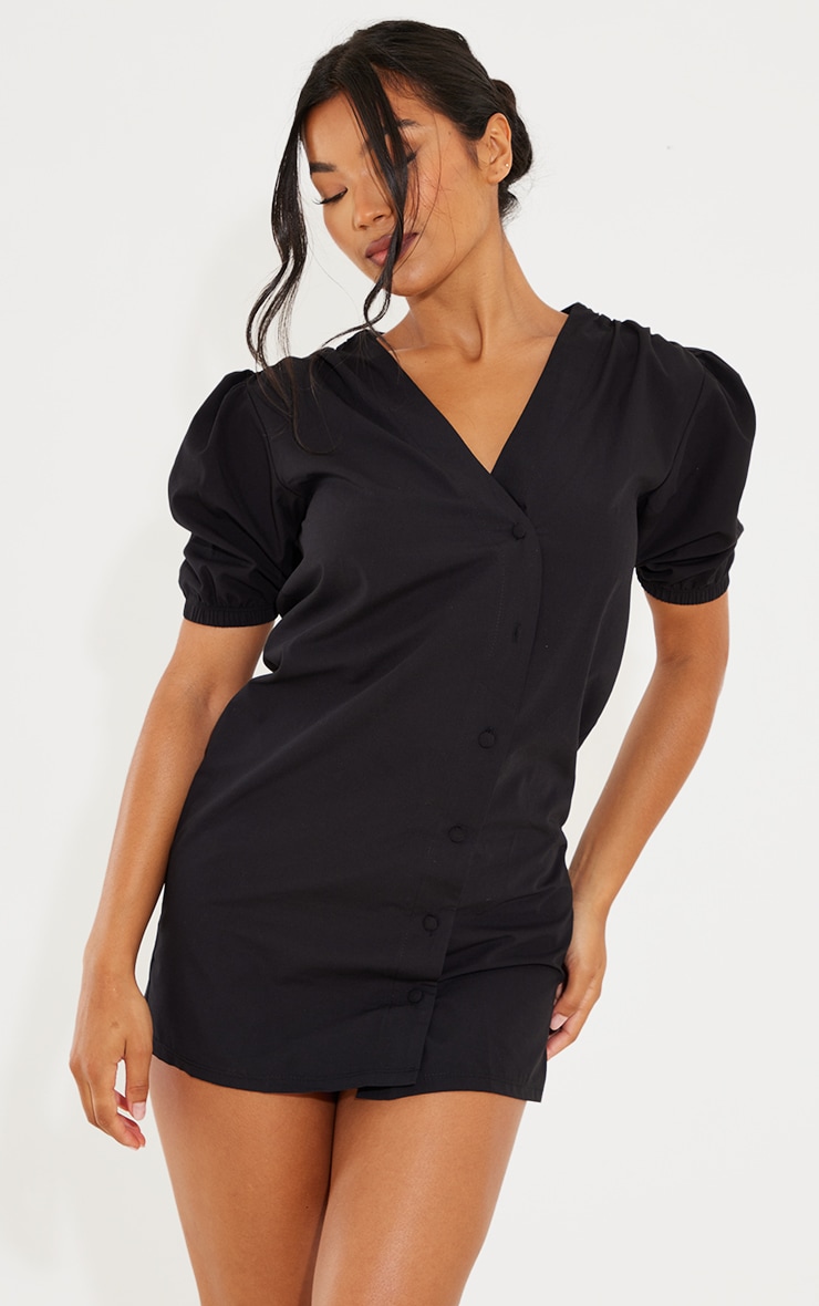 Solid Puff Sleeve Button Down Dress - Black main image 1