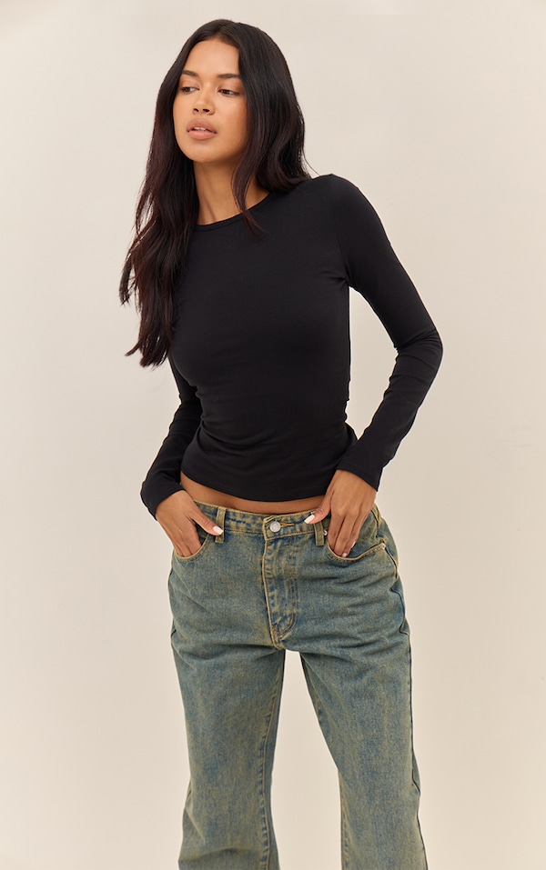 Black Cotton Crew Neck Long Sleeve Top