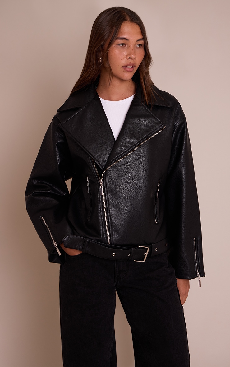 Black Faux Leather Oversized Biker Style Jacket image 4
