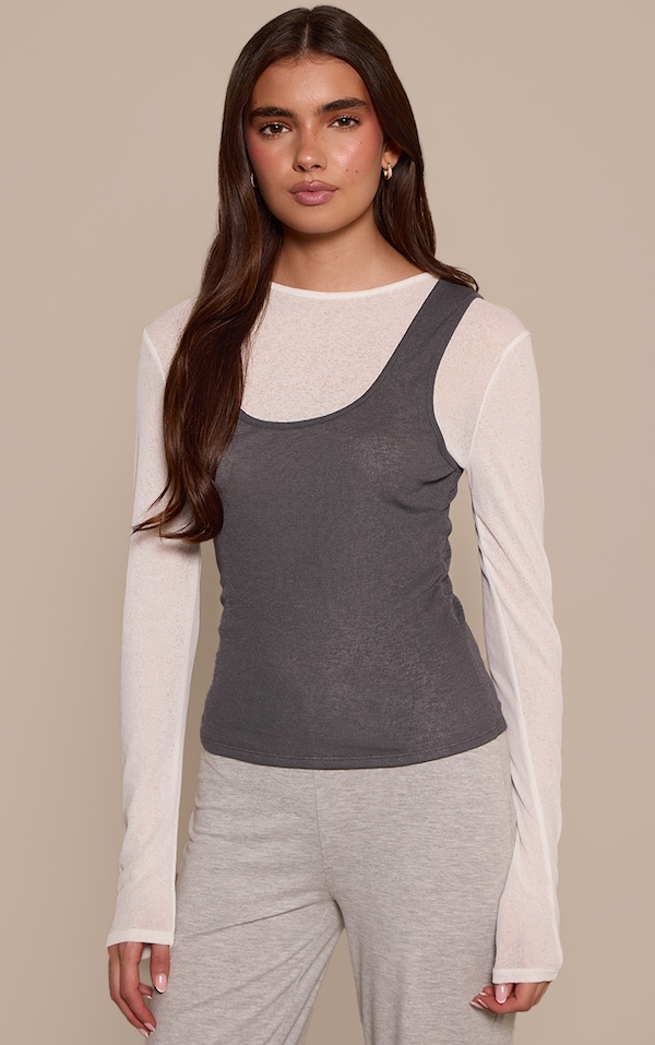 Grey Contrast Burnout Mesh Overlay Detail Long Sleeve Top