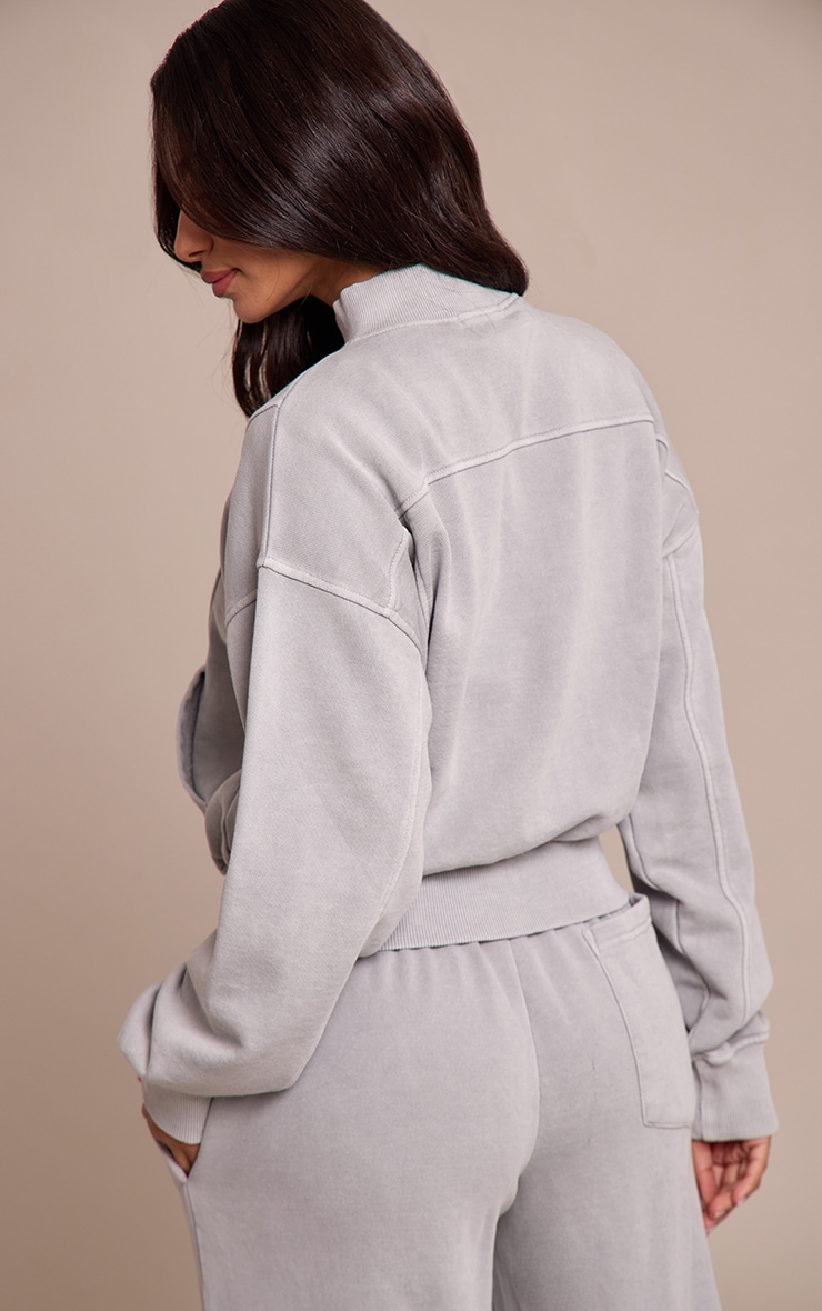 Petite Ash Grey Acid Wash Funnel Neck Zip Sweatshirt image 2