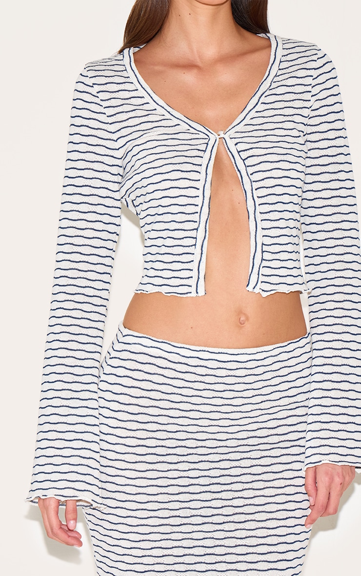 Navy Textured Striped Button Cardigan image 4