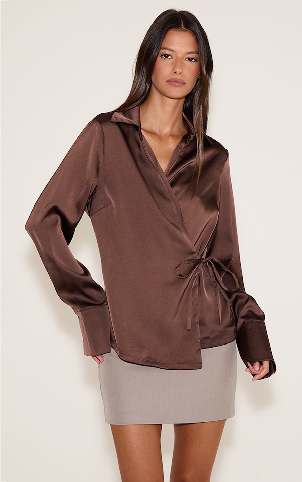Chocolate Satin Tie Waist Detail Slouchy Shirt