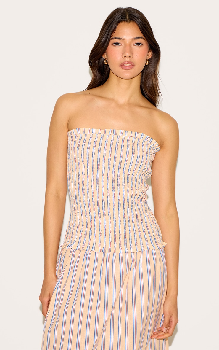Orange Pinstripe Linen Look Shirred Bandeau Top image 1