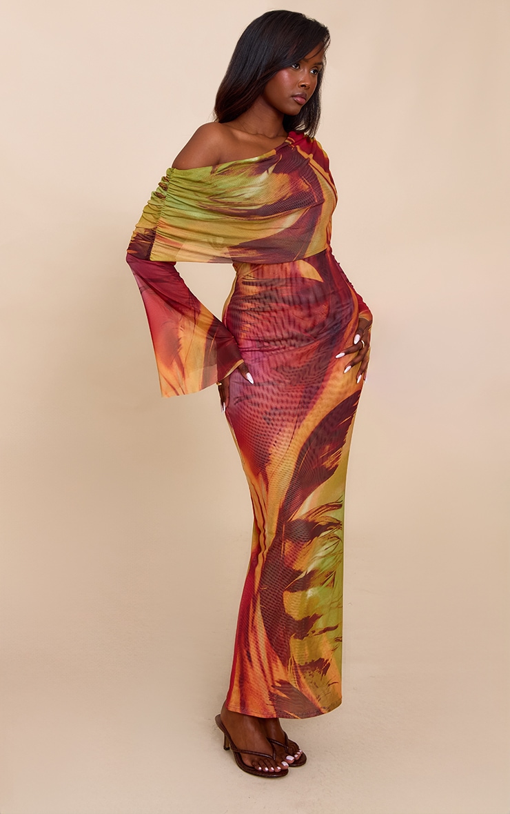 Orange Feather Print Lined Mesh Long Sleeve Maxi Dress image 3