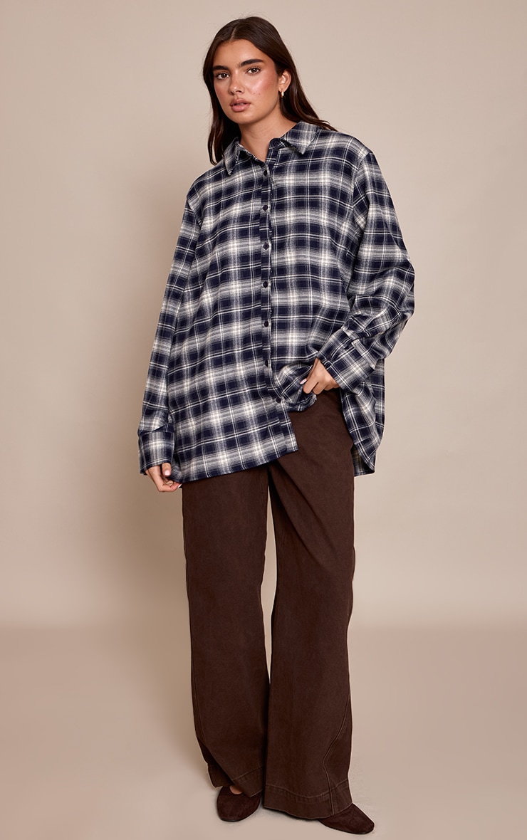 Navy Brushed Check Oversized Shirt  image 3