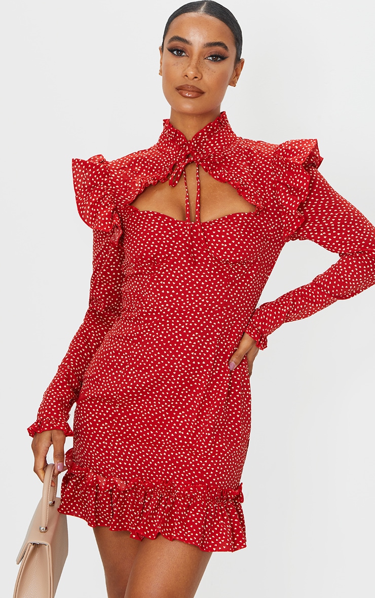 Red Heart Print Cup Frill Detail Bodycon Dress