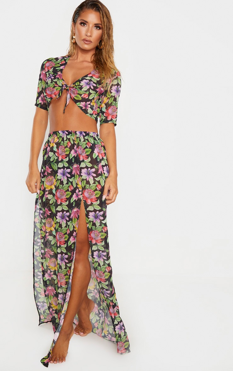 Jupe de plage florale noire fendue