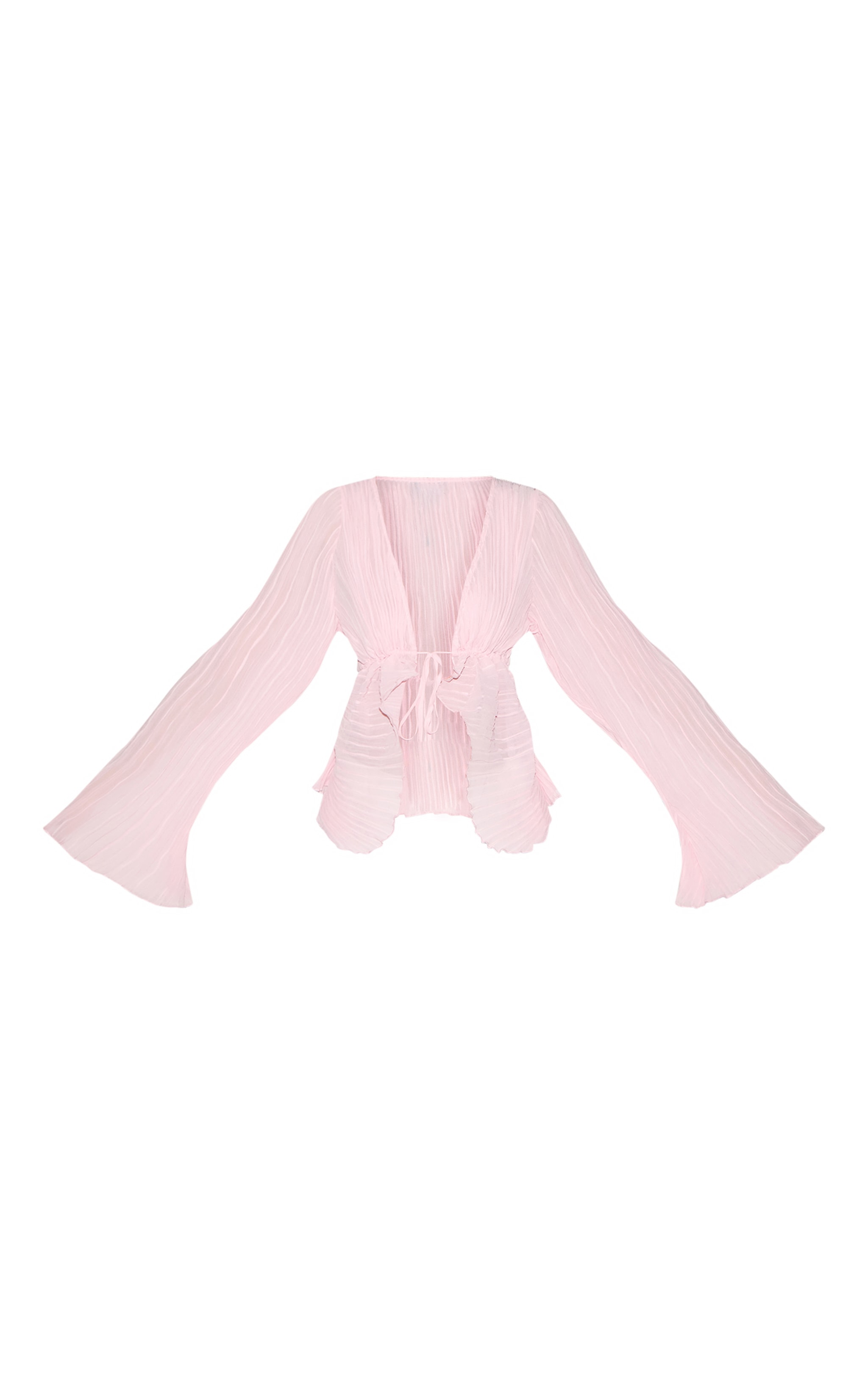 Pale Pink Sheer Plisse Tie Front Flute Sleeve Blouse image 5