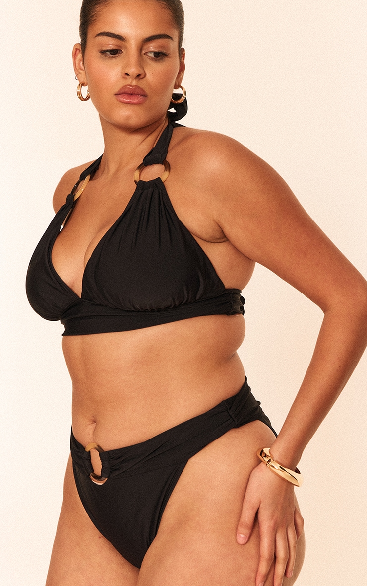 Plus Black O Ring Detail Ruched Triangle Bikini Top image 3
