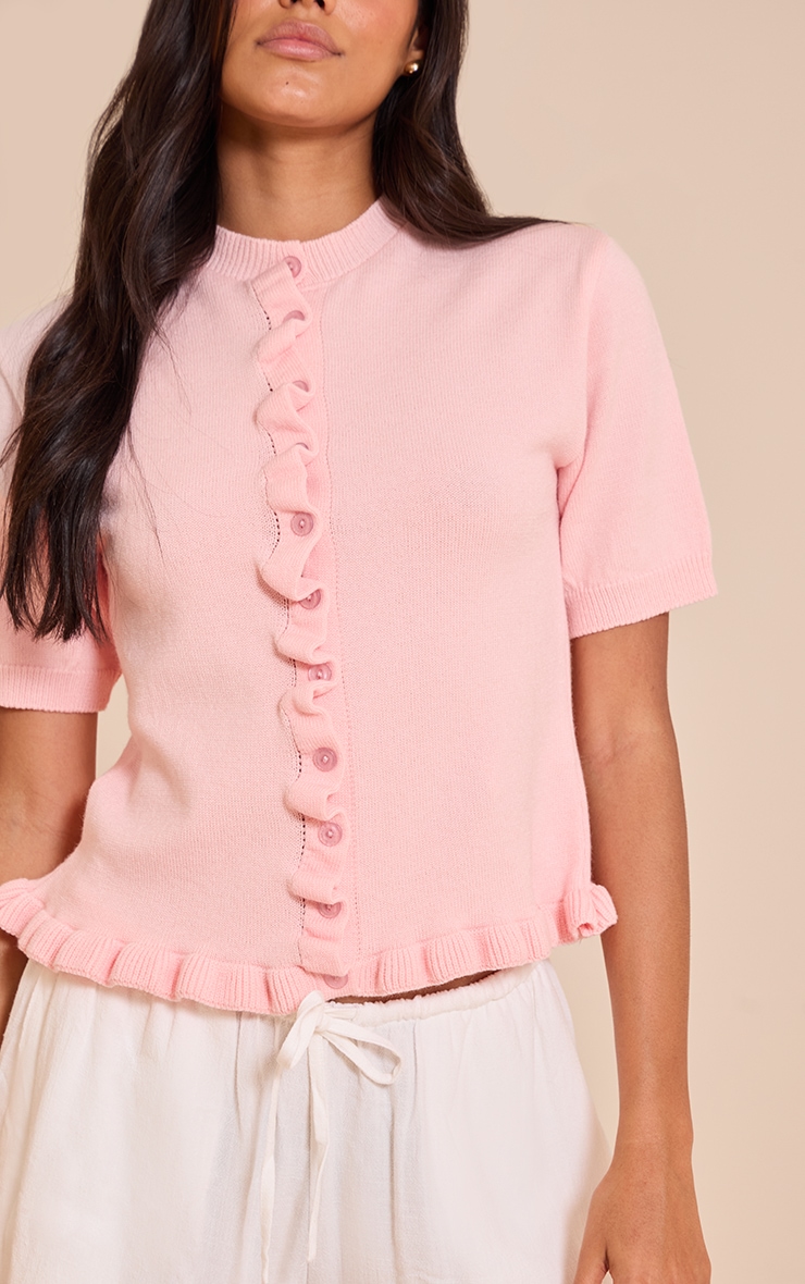 Pink Knit Ruffle Detail Short Sleeve Cardigan image 4