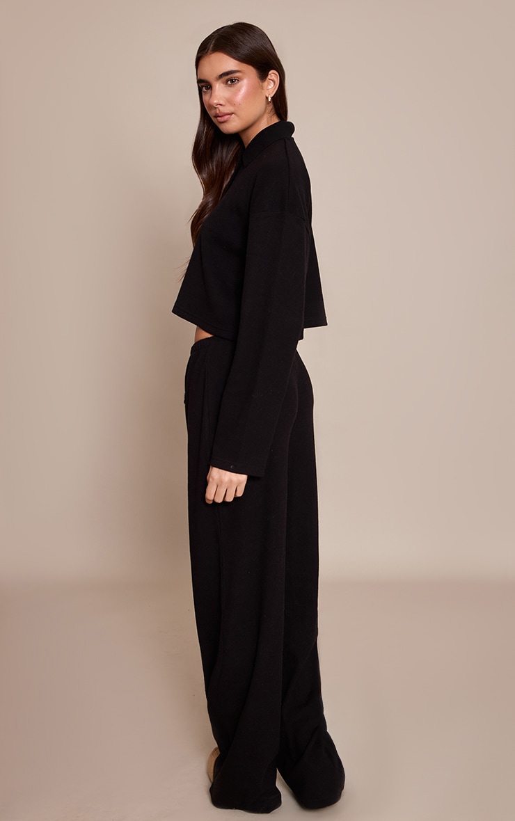 Black Brushed Rib Wide Leg Drawstring Trousers image 3