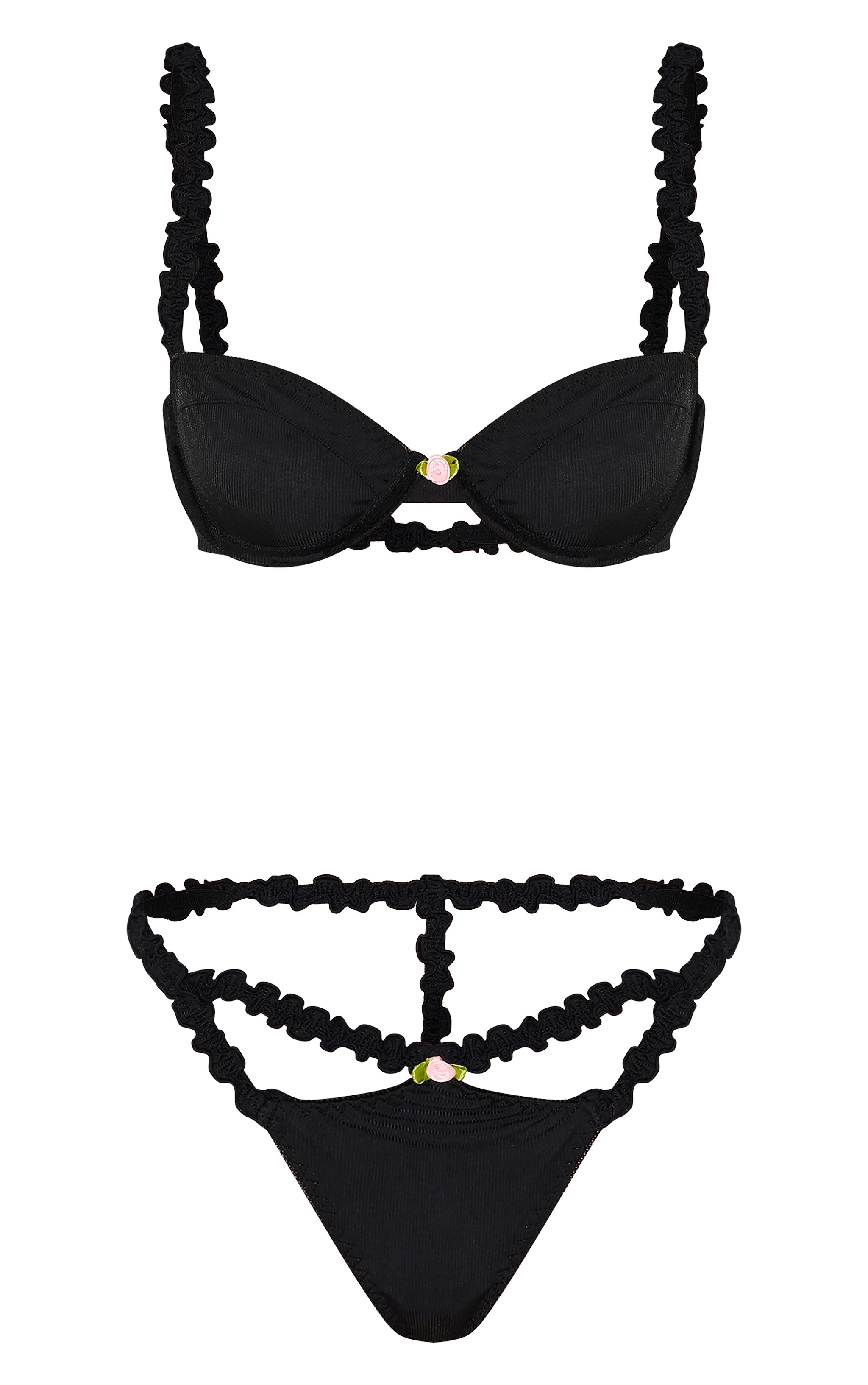Black Ribbed Frill Underwired Lingerie Set image 5